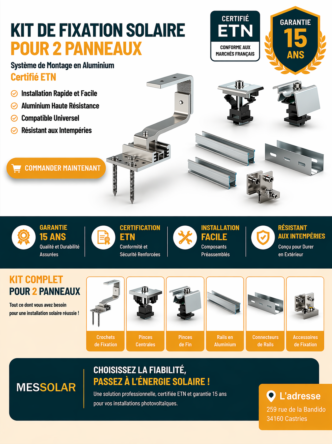 ANTAI SOLAR – KIT de Fixation sur Toiture pour 2 Panneaux