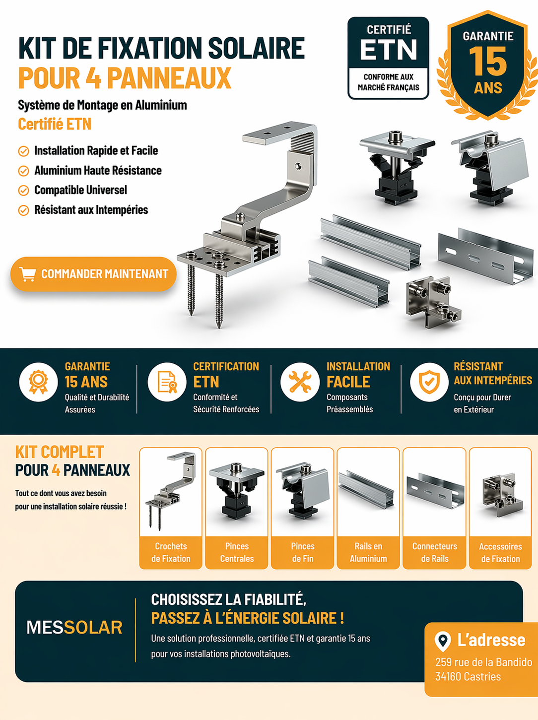 ANTAI SOLAR – KIT de Fixation sur Toiture pour 4 Panneaux (Certifié ETN – Garantie 15 ans)